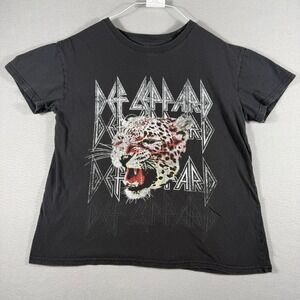 Def Leppard Graphic T-Shirt Black Cotton Leopard Rock Band Tee Large